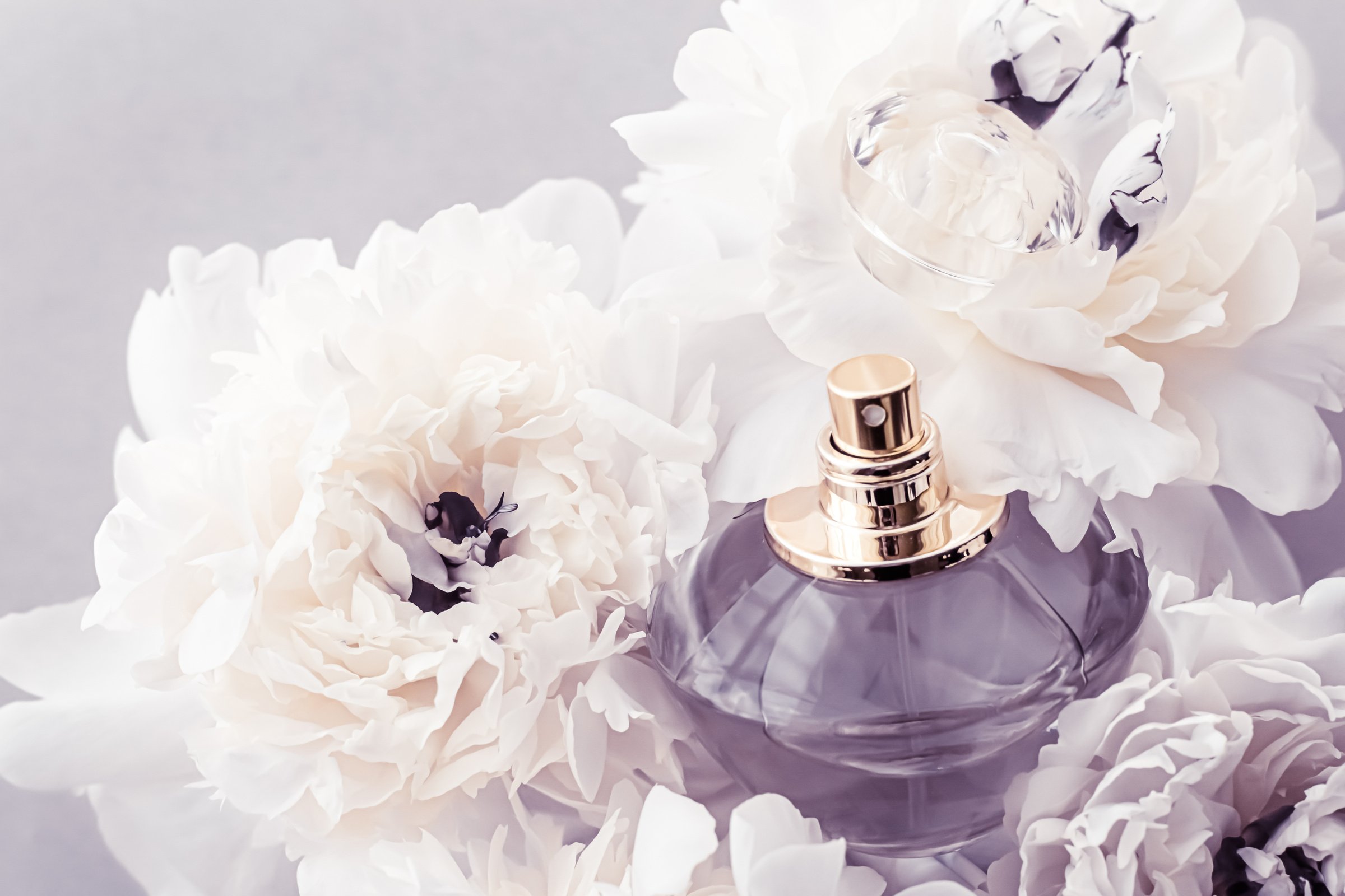 Violet fragrance bottle as luxury perfume product on background of